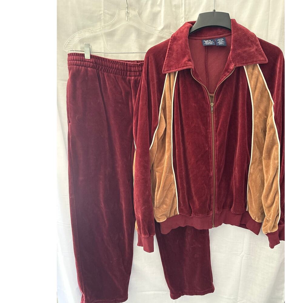 Vintage John Blair Velour Tracksuit Men's Dark Red Tan  Jacket Pants Medium